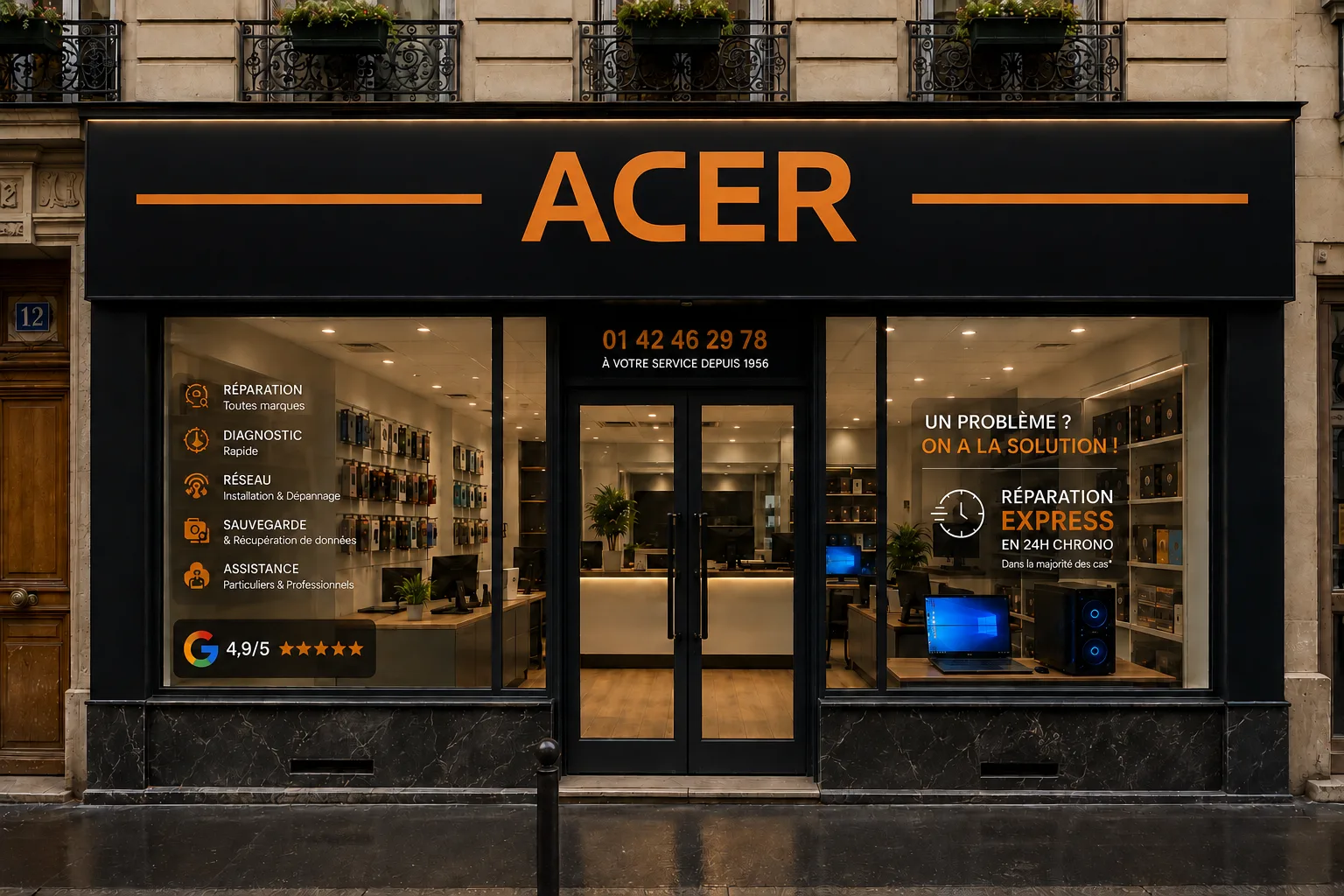 Vitrine de la boutique O.C.E.R. Informatique, 42 rue de Chabrol, Paris 10ème