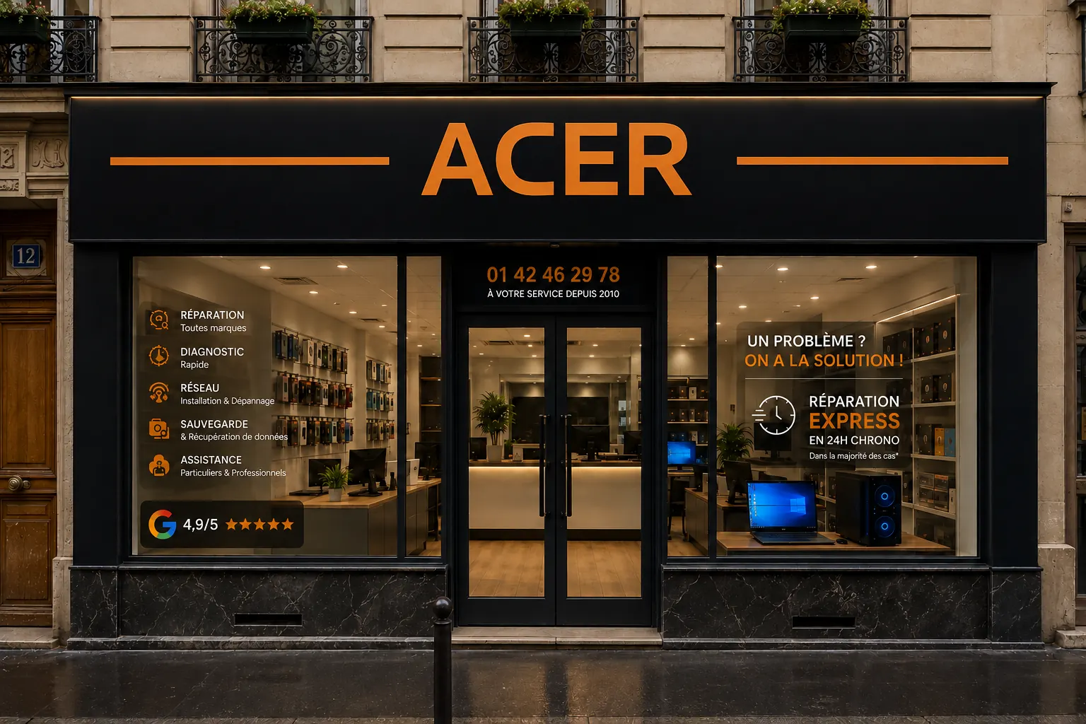 Vitrine de la boutique O.C.E.R. Informatique, 42 rue de Chabrol, Paris 10e