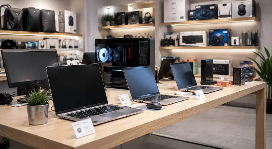 Présentoir d'ordinateurs et matériel informatique neuf en boutique