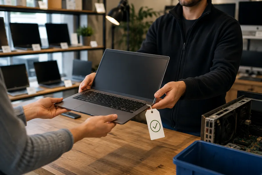 Remise d'un ordinateur portable reconditionné et vérifié à un client